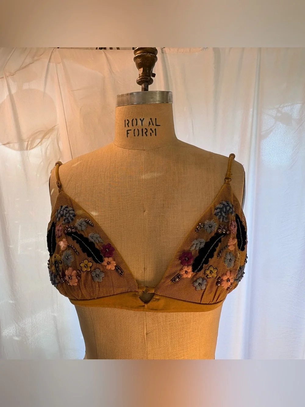 Intimately Free People Embroidered Beaded Floral Mesh Bralette Mustard Size L - Picture 2 of 8
